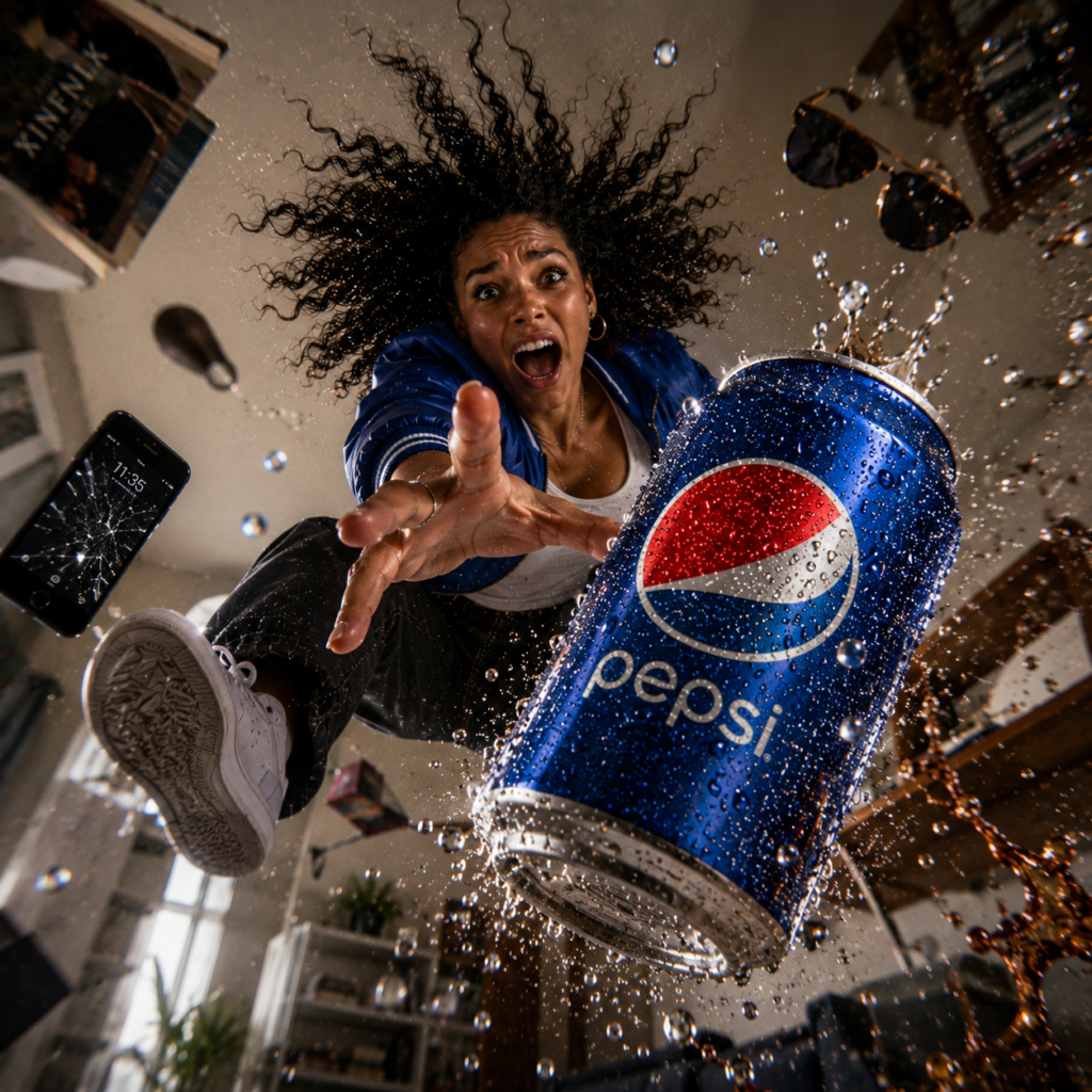 Woman reaching for a soft drink in an imaginative action scene
